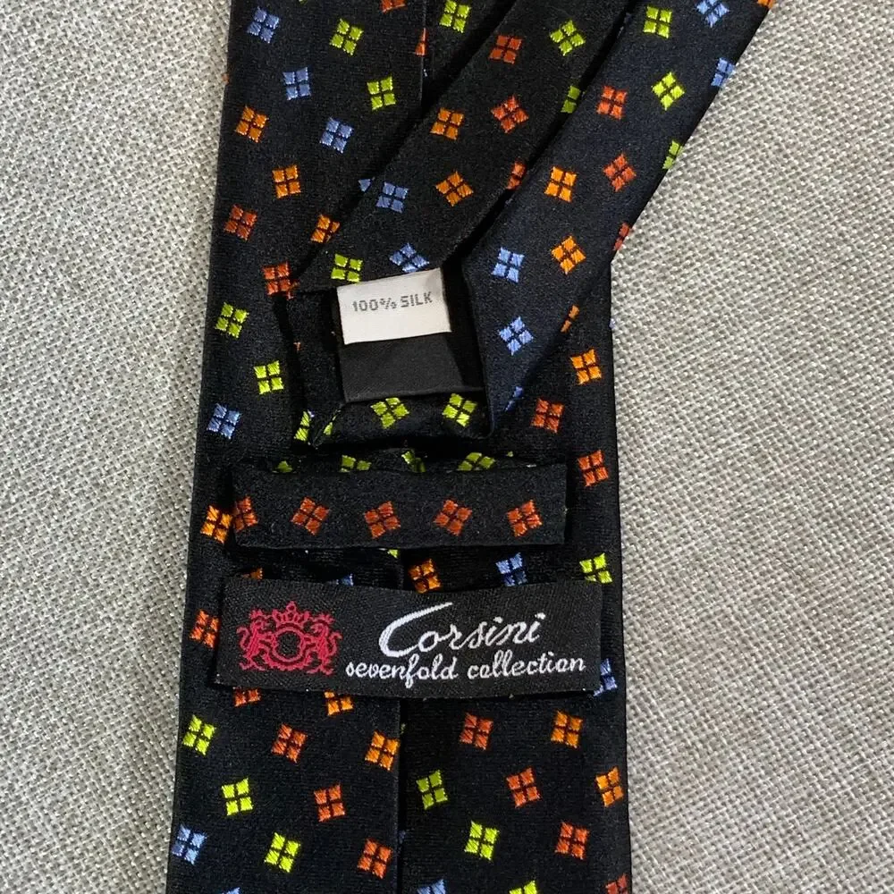 Sevenfold 100% Silk Necktie Black Multicolor Geometric Foulard Corsini Tie